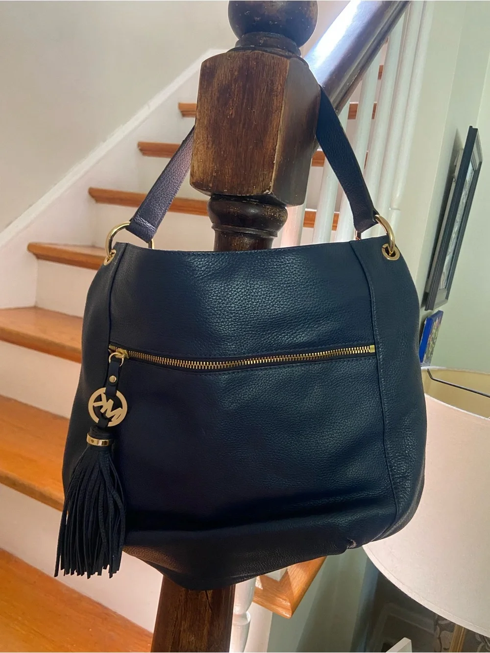 Michael Kors Dark Blue Pebbled Leather Hobo with Tassel and Gold Hardware